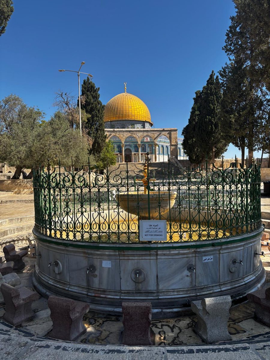 מזרקה עם גדר ירוקה מול כיפת הסלע